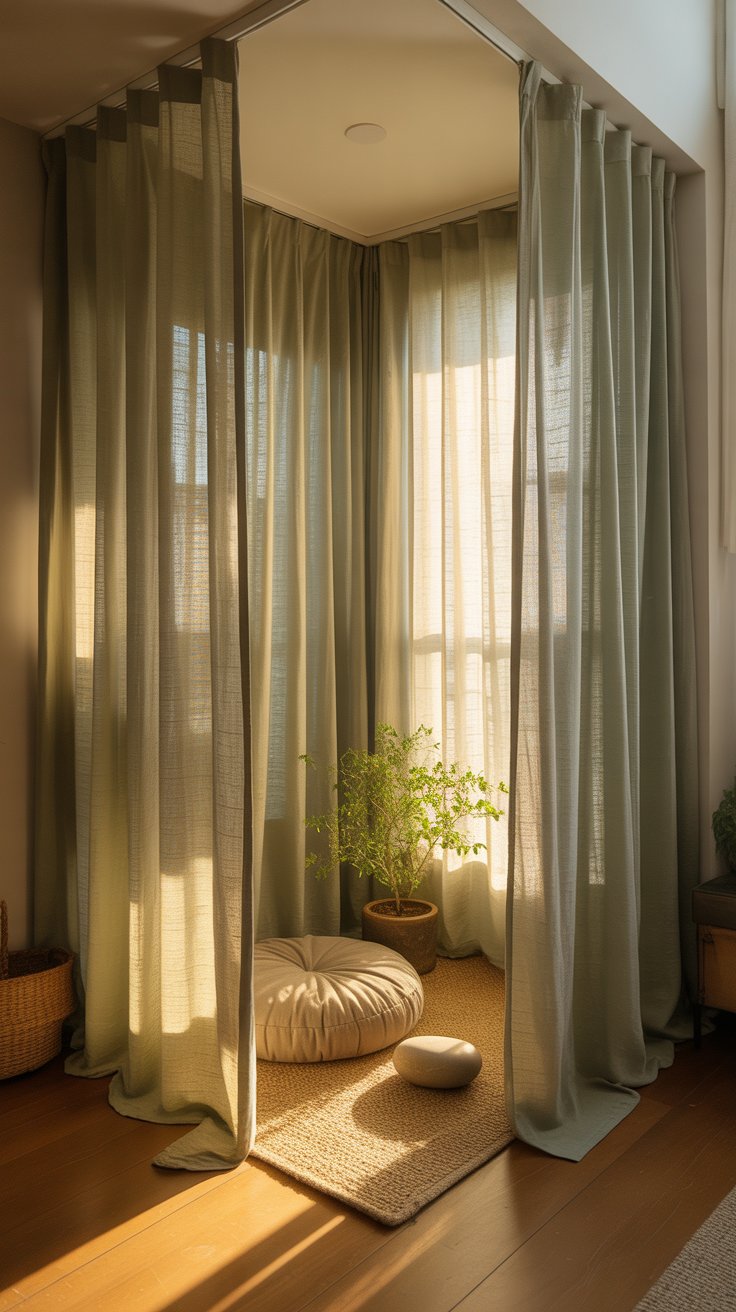 Floor to ceiling linen curtains neutral meditation room